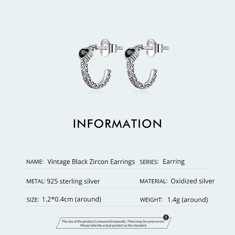 Bisaer Винтажные серьги из стерлингового серебра 925 пробы с черным цирконом в форме сердца для женщин, подарок на день рождения, изысканные ювелирные изделия