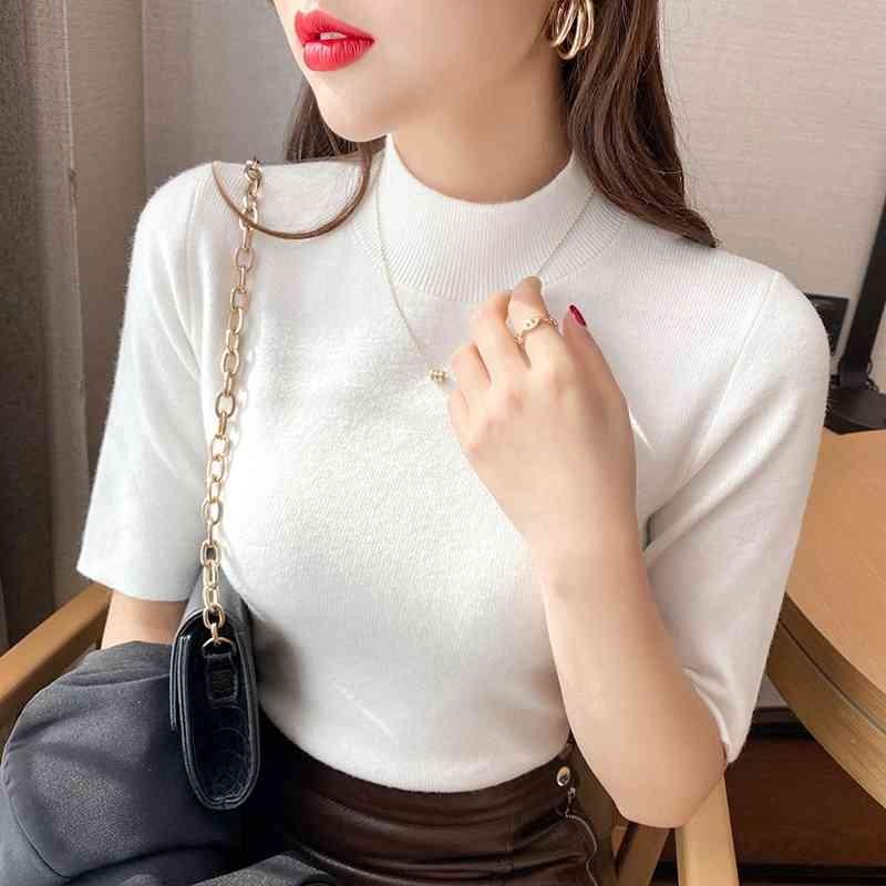 Модные повседневные женские рубашки с высоким воротом, летние узкие блузки с коротким рукавом, женские элегантные однотонные простые свободные рубашки, женская одежда 26229