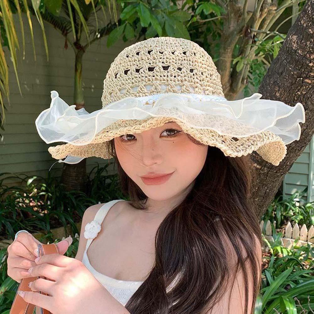 Breathable Straw Weaving Beach Hat Portable Big Brimmed Woven Cap Khaki Lace Pearls Sun Cap  Summer