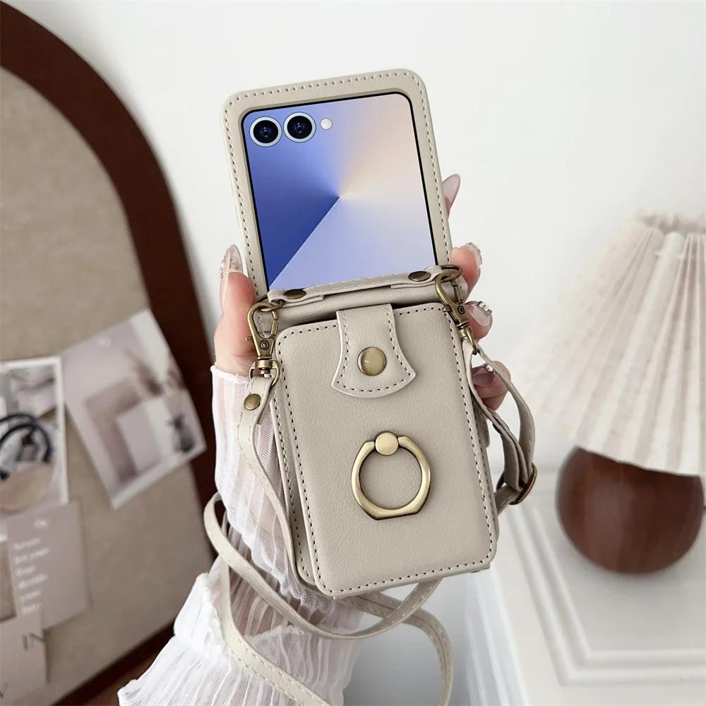 Ring Card Holder Leather Wallet Phone Case for Samsung Galaxy Z Flip 7 6 5 4 3 Flip7 FE Finger Crossbody Protective Cover