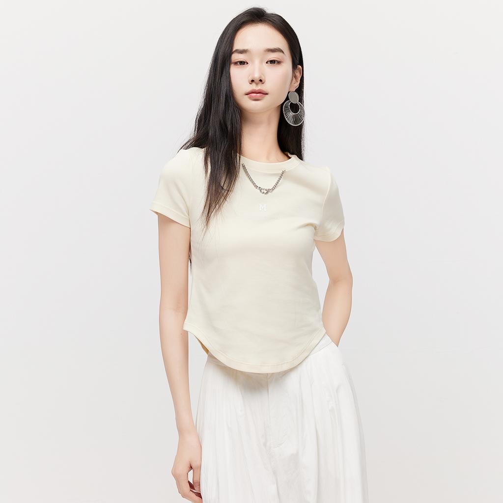Women's Thin and Slim Round Neck Short-Sleeved T-Shirt with Metal Chain Design