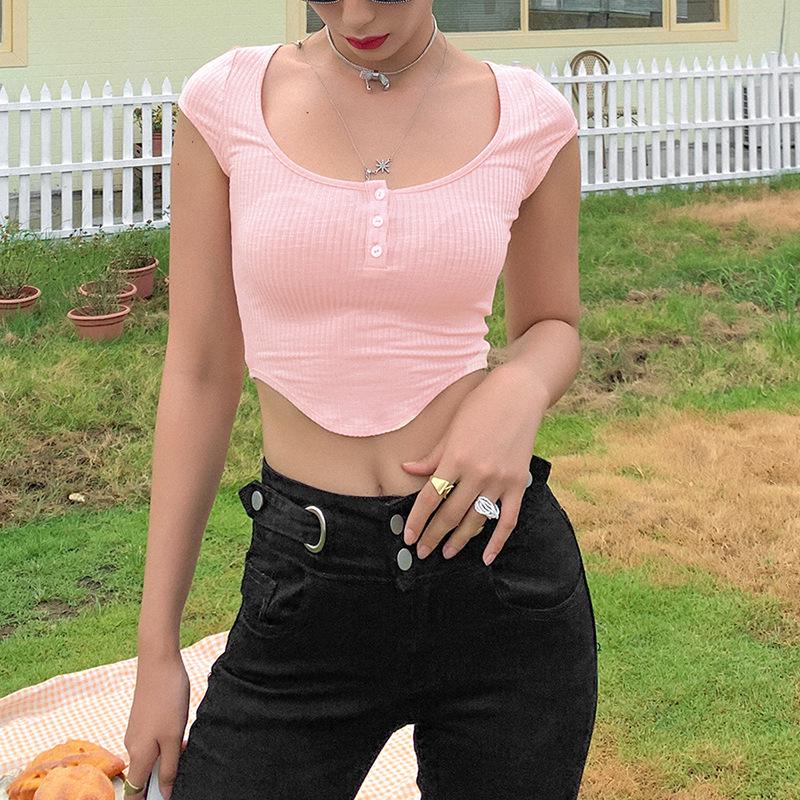 2024 Европейская и американская мода Женская футболка с коротким рукавом с U-образным вырезом, облегающая, однотонная, укороченная