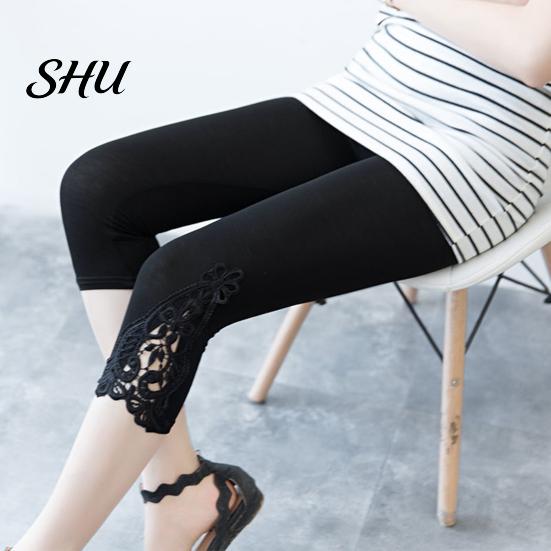 Women Tight-fitting Pants Cropped Leggings Elastic Waist Embroidery Lace Stitching Stretch Summer Stretchy Thin Tight-Fitting
