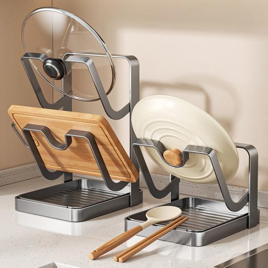 Держатель крышек для кастрюль на столешницу во время готовки, кухонный органайзер для крышек кастрюль с подставкой для ложки, стойка для хранения крышек сковородок из углеродистой стали с поддоном для капель для крышек кастрюль