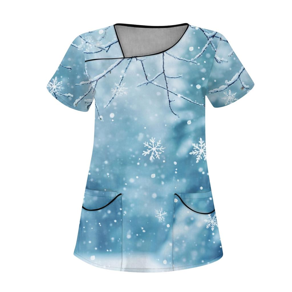 Женская рабочая одежда с рождественским принтом, покатый воротник и двухслойные карманы, базовый пуловер сверху