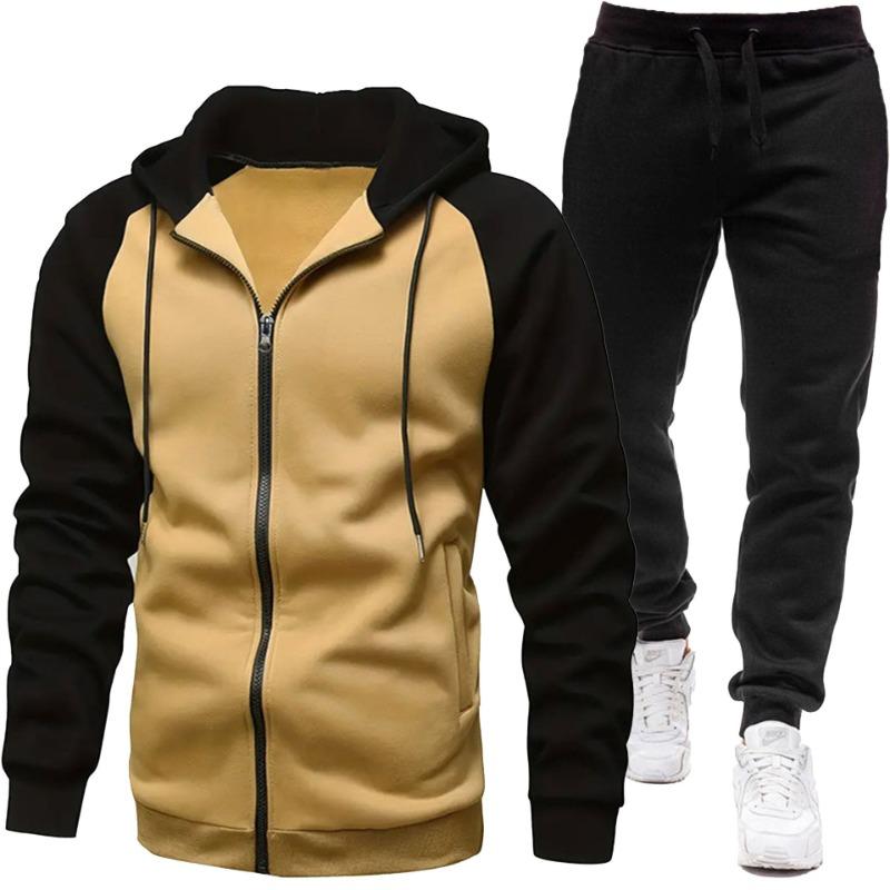 Men's Fashion Color Blocked Coat Long Sleeve Casual Sports Set Men's Top Pants