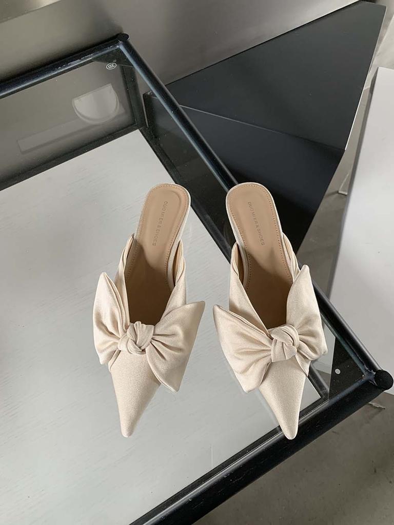 Модные женские тапочки с острым носком, летние уличные туфли-мюли, туфли на низком каблуке с бантом, черные, розовые, бежевые, хаки, повседневные туфли-мюли, мокасины 35-39