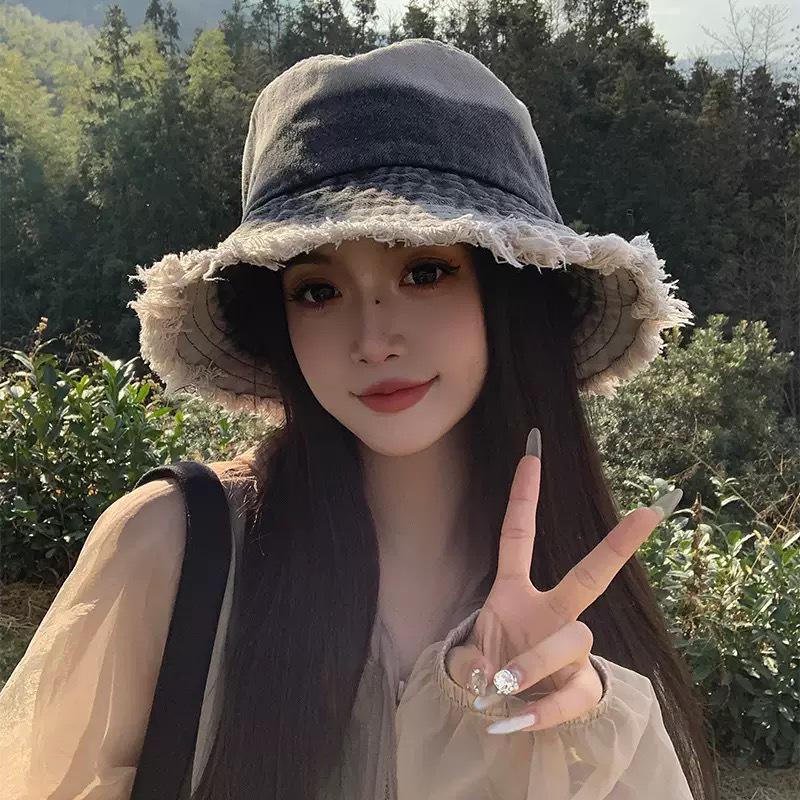 Женская ретро джинсовая шляпа-панама в японском стиле 2025 - Большая защита от солнца, Потертый дизайн, Летняя защита от солнца