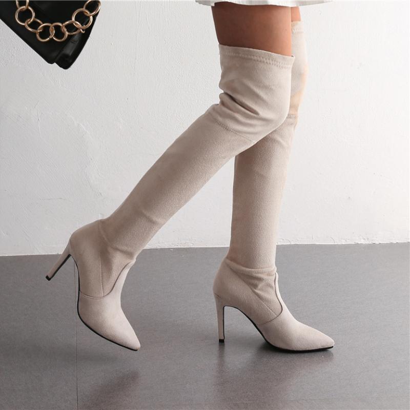 Эластичные высокие сапоги женские туфли на шпильках с высоким каблуком сексуальные сапоги выше колена женские остроносые длинные танцевальные туфли красные черные