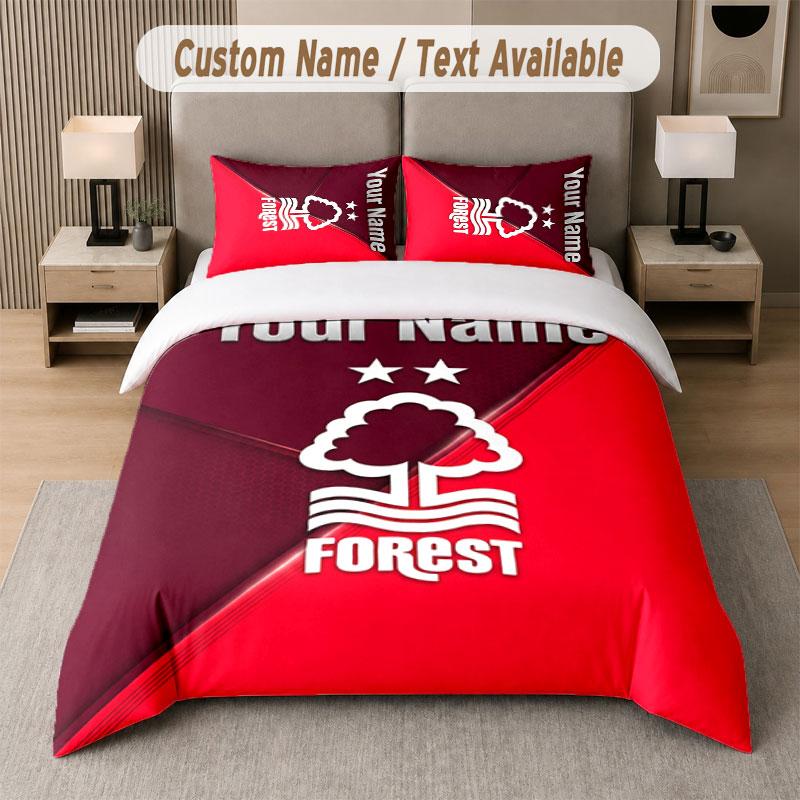 Custom Bedding Set Nottingham Forest FC Pattern, Print Name Text 1 Duvet Cover plus 2 Pillowcases Home Textile