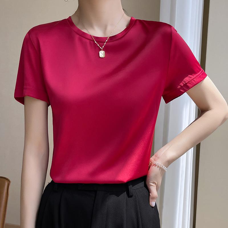 Silk T-shirt for Women Spring and Summer Short Loose Round Neck Solid Colour Inner Temperament Short-sleeved T-shirt Tops