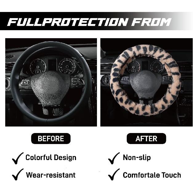 Road Comforts Leopard Plush Steering Wheel Cover For Winter, Made With Flurry Microfiber, Universal Fit 14 1/2 To 15 Inches Steering Wheel Cover,