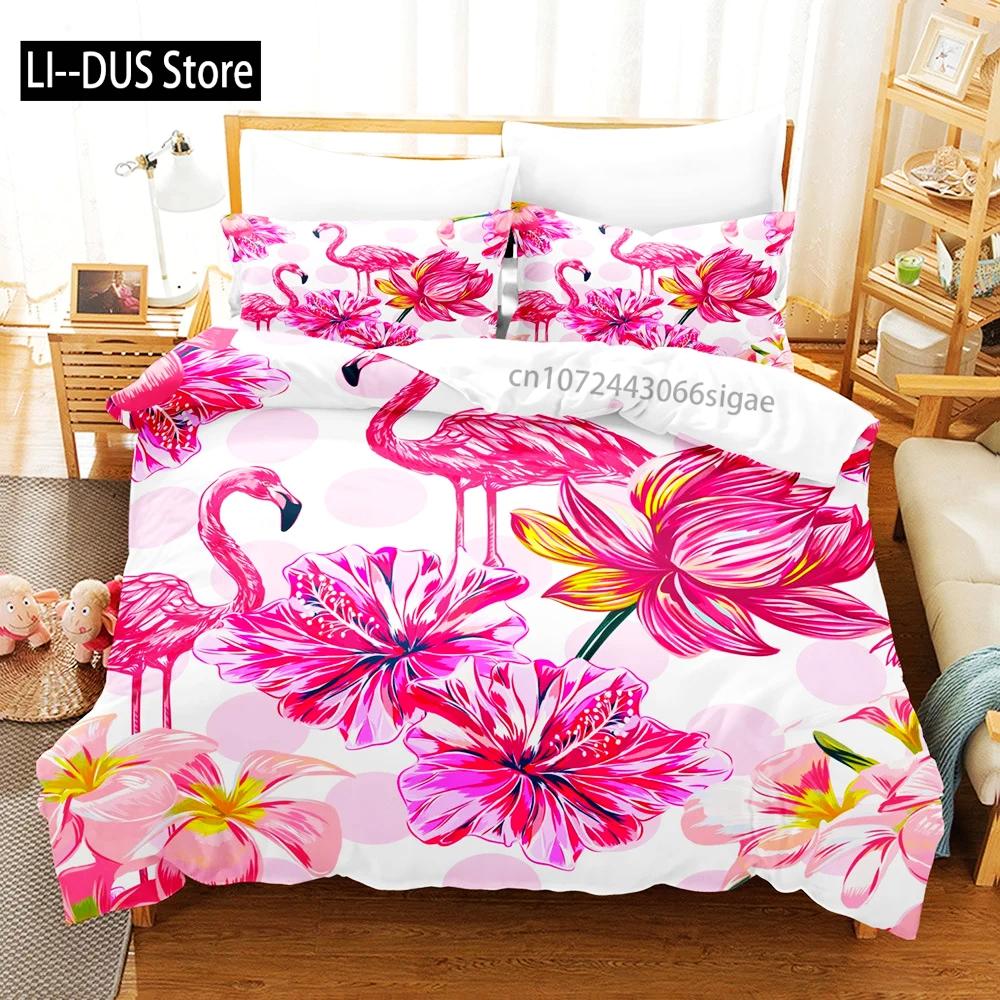 Pink Flamingo Duvet Cover Green Leaves Floral Animal Print Bedding Set For Kids Girls Tropical Pattern Design Bedroom Decor