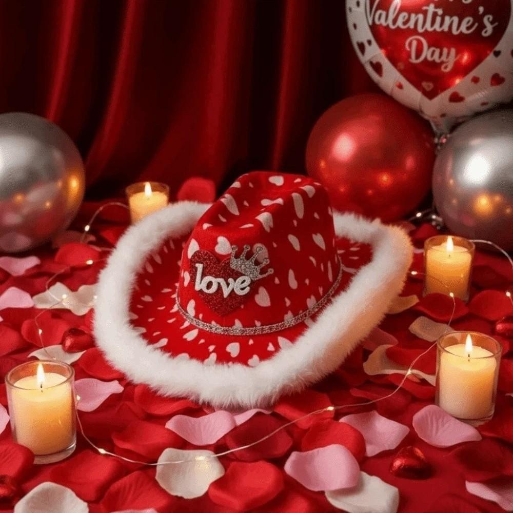 Wide Brim Cowgirls Top Hat Warmer Valentine's Day Party Hat Adjustable Red Heart Cowboy Cap  Men