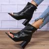 Fashion 2024 New Black Thick Heel Women Sandals High-top Plus Size 43 Womens Fashion Shoes Leather Square Toe Sandalias De Tacon