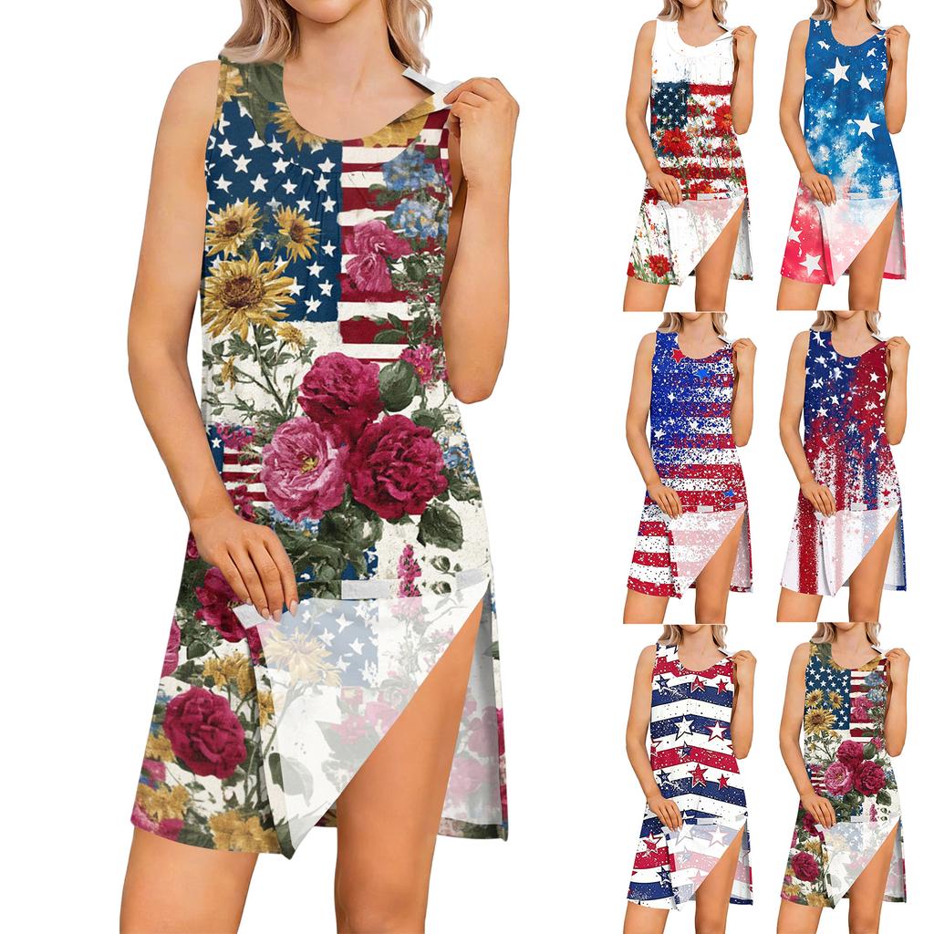 Sleeveless Independence Day Dress for Women Post Shoulder Surgery Adjustable Tearable Design Star Print Casual Summer Dress