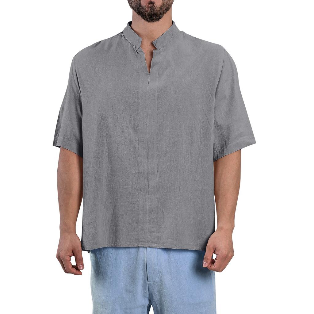 Мужские летние однотонные топы из хлопка и льна с V-образным вырезом и рукавами-пять точек, повседневные модные топы для мужчин