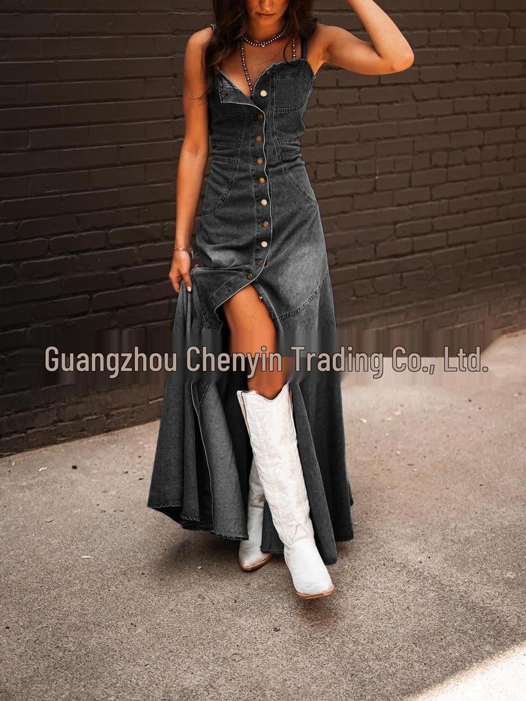 European & American Retro Washed Denim Suspender Swing Dress for Women