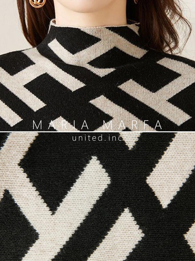 MARIA MARFA Вязаный свитер с принтом, очень мягкий, корейский размер M, женский, с рисунком по всей поверхности, воротник, элегантный, стиль, черный, (5A-M08-BKM)