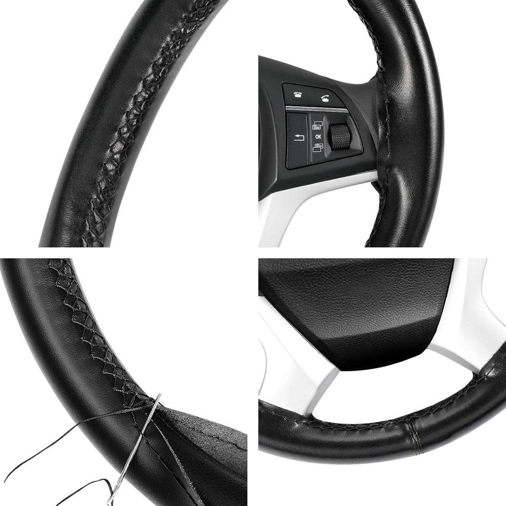SEG Direct Genuine Leather Steering Wheel Cover, Stitch On Wrap, 15 Inch Steering Wheel Wrap For Car Truck SUV Pickup Boat, DIY Sewing With Needle