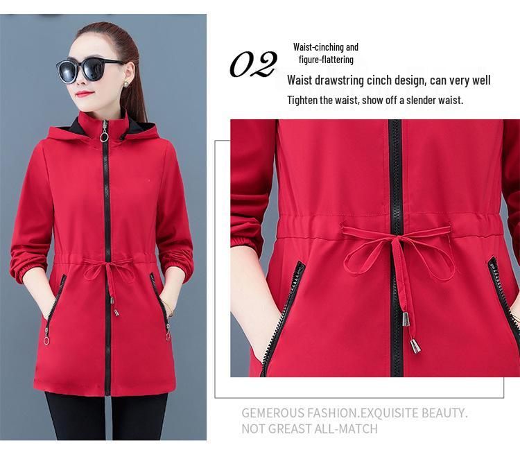 Women's Double-Sided Mid-Length Hooded Trench Coat with Detachable Elastic Waist and Zipper Pockets for Spring and Autumn