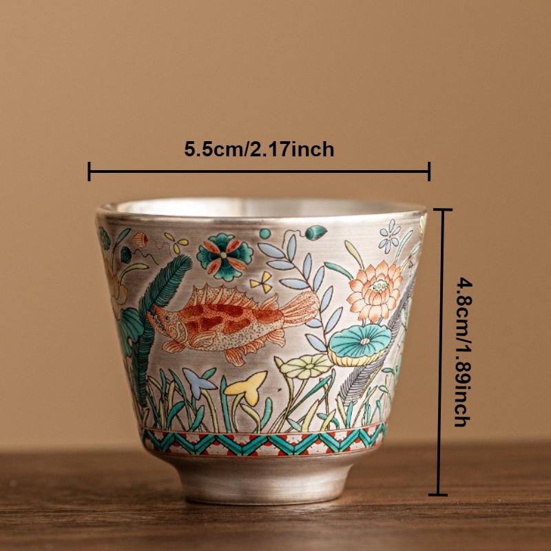 Plating Silver Ceramics Teacup Hand-painted Fish Master Cup Retro Tea Bowl Chinese Kung Fu Teaset Drinkware Teaware Tea Ceremony