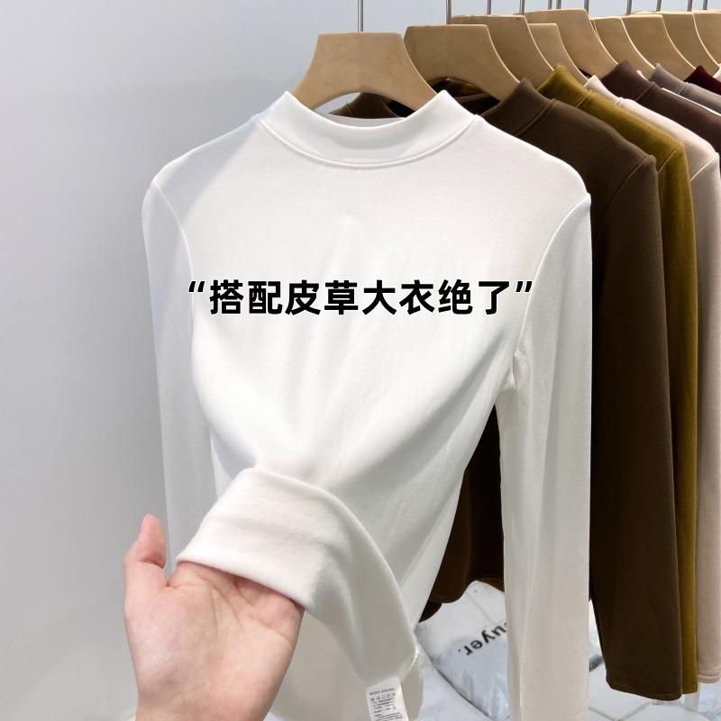 Теплая полированная базовая водолазка с маленькой стойкой, женская весенняя облегающая футболка с длинным рукавом для ношения под одеждой, тонкий бархатный базовый топ