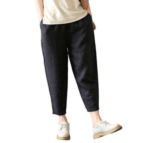 Women Harem Pants Solid Color Loose Fit Slacks with Pockets Elastic High Waist Retro Casual Trousers Streetwear