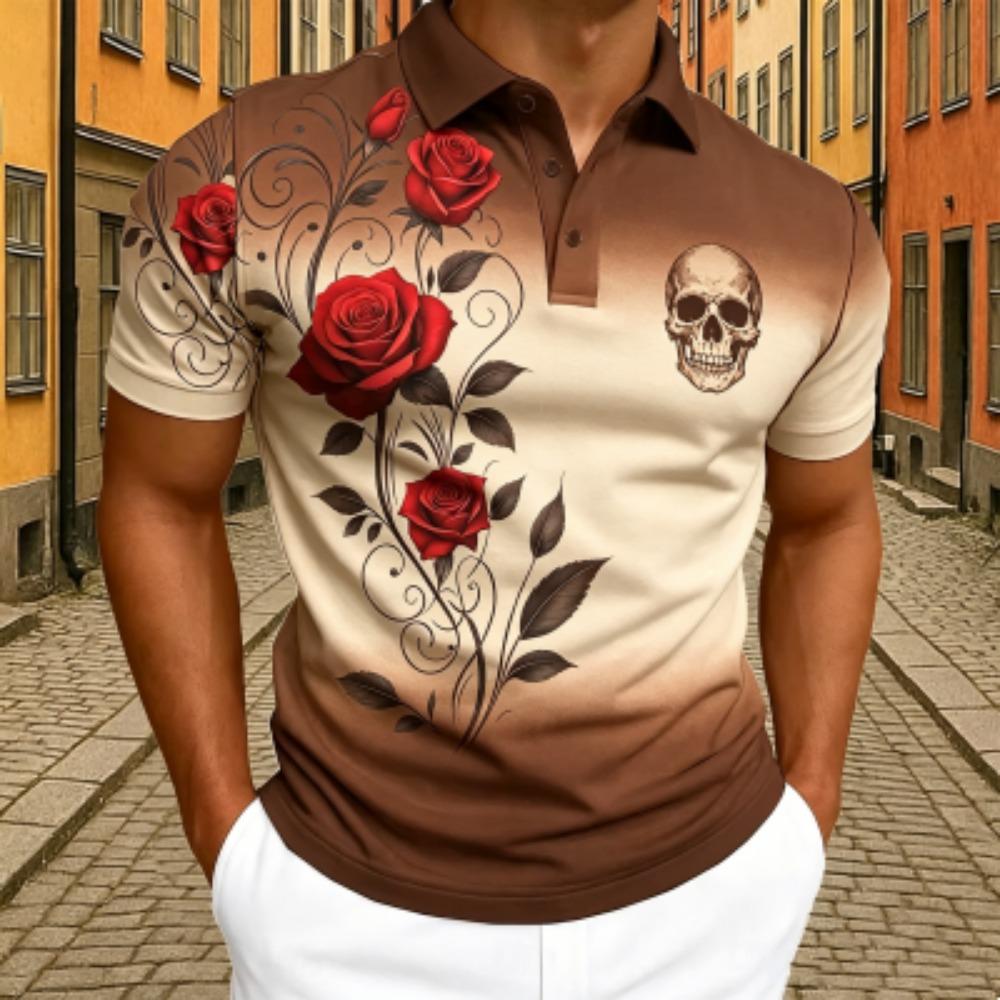 Men's Rose Floral Skull Print Polo Shirt Men's Outdoor Street Short Sleeve Tees Top Summer Home Casual T-shirt Men's and Women's Polo Shirt