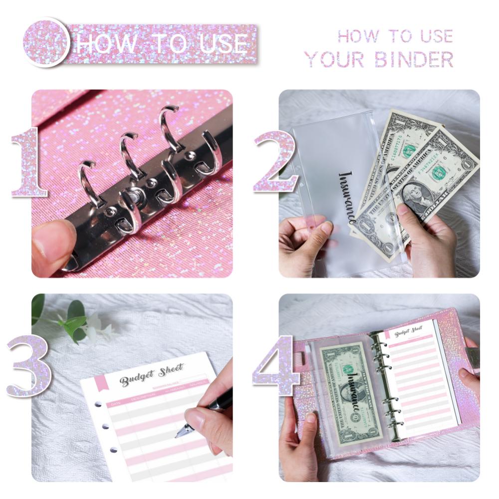 A6 Money Budget Planner Binder with Zipper Envelopes Cash Envelopes for Budgeting Money Organizer for Cash Budget Binde