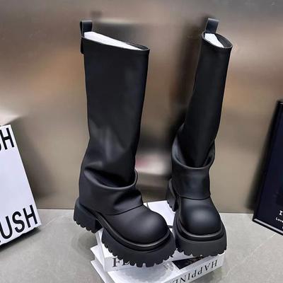 Платформа Женские Высокие Сапоги Дизайнерские Мотоциклетные Сапоги На Среднем Каблуке Модные Кожаные Зимние Туфли 2024 Тренд Гладиатор Женские Шоссуры