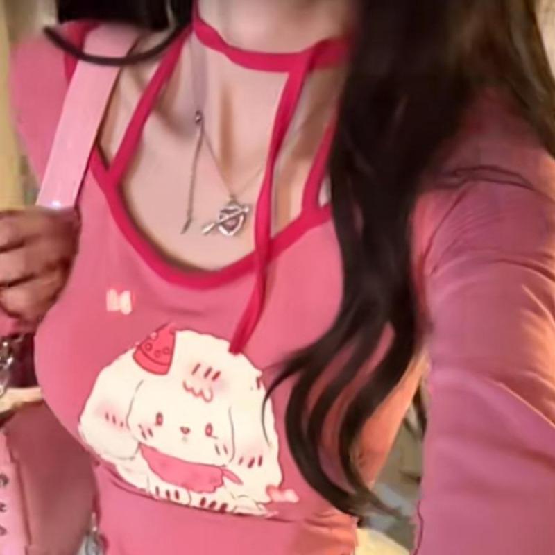 2KWEIRD Сладкая мультяшная футболка с плиссировкой Y2k Эстетика Асимметрия Фея Гранж Футболка Винтажный пэчворк Топ-халтер Харадзюку Уличная одежда