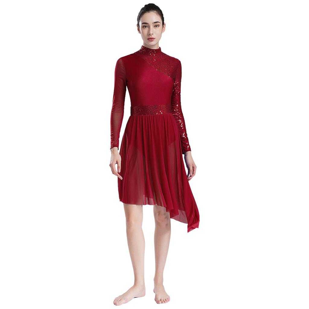 Women Sparkly Sequins Modern Lyrical Dance Dress Long Sleeve Irregular Hem Dresses Performance Costume