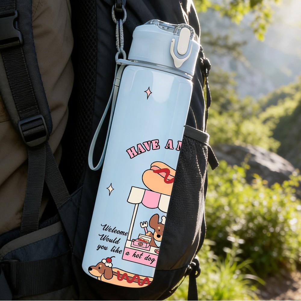 1PC Bear Cake Dessert Retro Print 750ml Color Plastic Sports Water Bottle Leakproof Flip Straw Lid Suitable for Sports Office Home Use