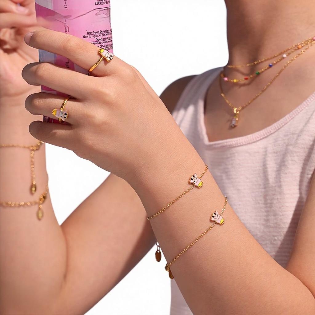Mysterious Colorful Stainless Steel Cute Design Children's Jewelry Set with Pendant Necklace Bracelet Earrings Ring