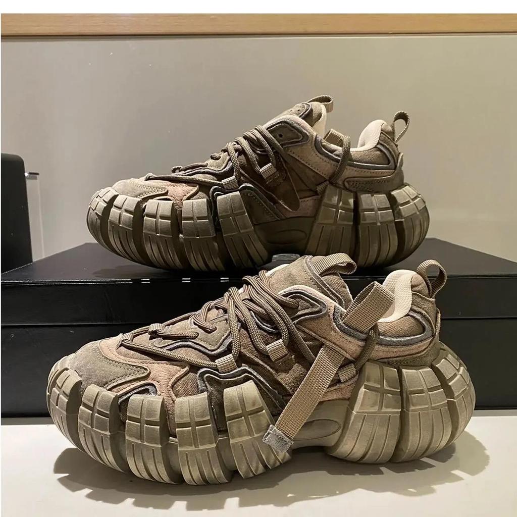 Men Platform Sneakers Tire Sole Designer Chunky Running Shoes British Retro Luxury Microfiber Leather Fashion Casual