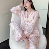Pajamas Spring Autumn Silky Satin 2PCS Shirt Pant Trouser Suit Print Casual Sleepwear Women Sexy Loose Home Clothes Loungewear