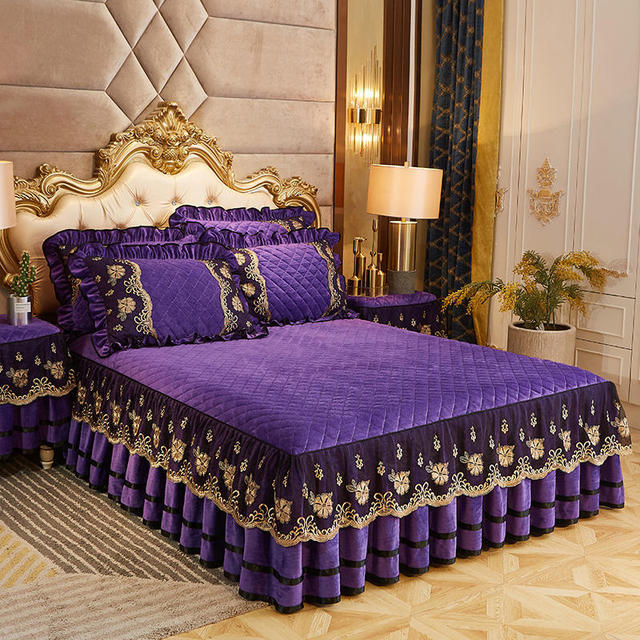 Luxury Velvet Quilted Bedspread Queen King Size Thick Plush Lace Embroidery Short Bed Skirt No Pillowcase
