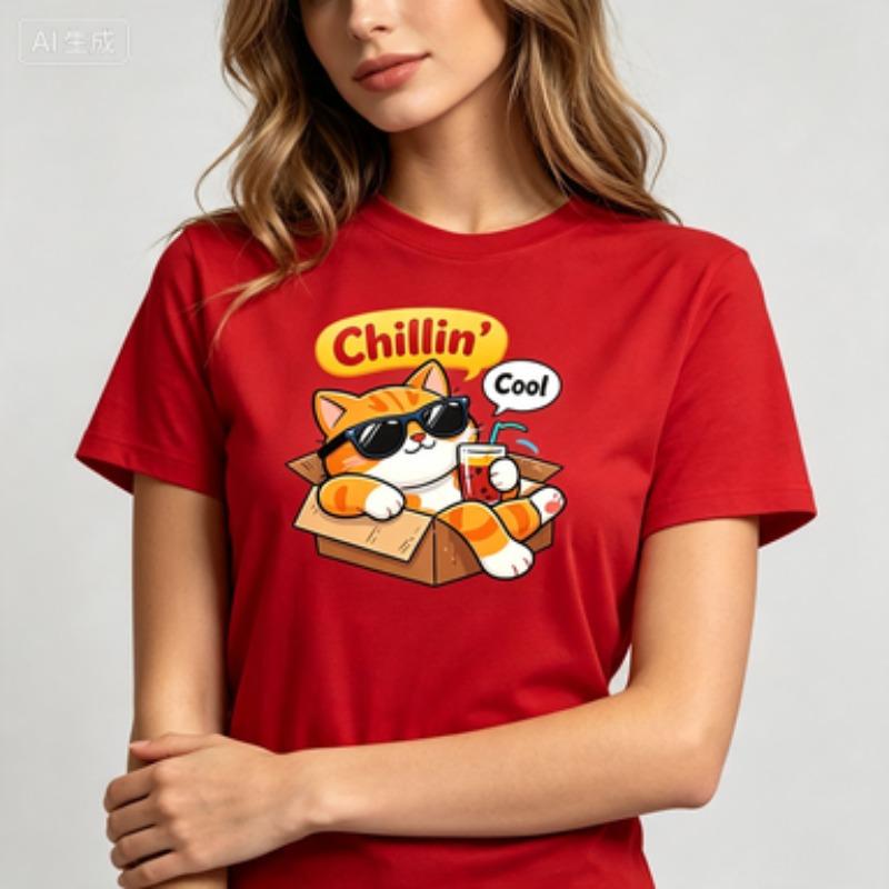 Unisex Cotton Tshirt Chillin Cool Cat Graphic Tee Sunglasses Orange Cat In Box Bubble Drink Cartoon Casual Crew Neck Tops