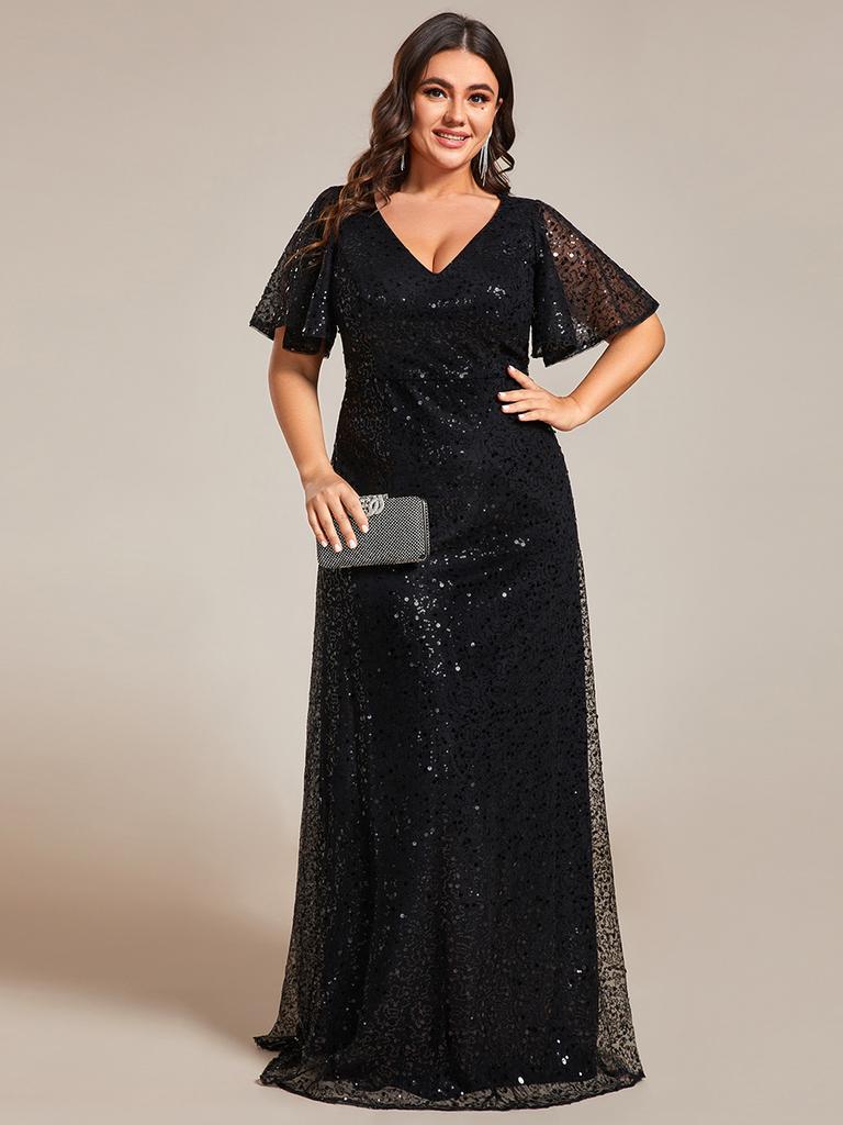 Ever-Pretty Women's Plus Size Shiny Sequin V-Neck A-Line Evening Dresses with Ruffles Sleeves