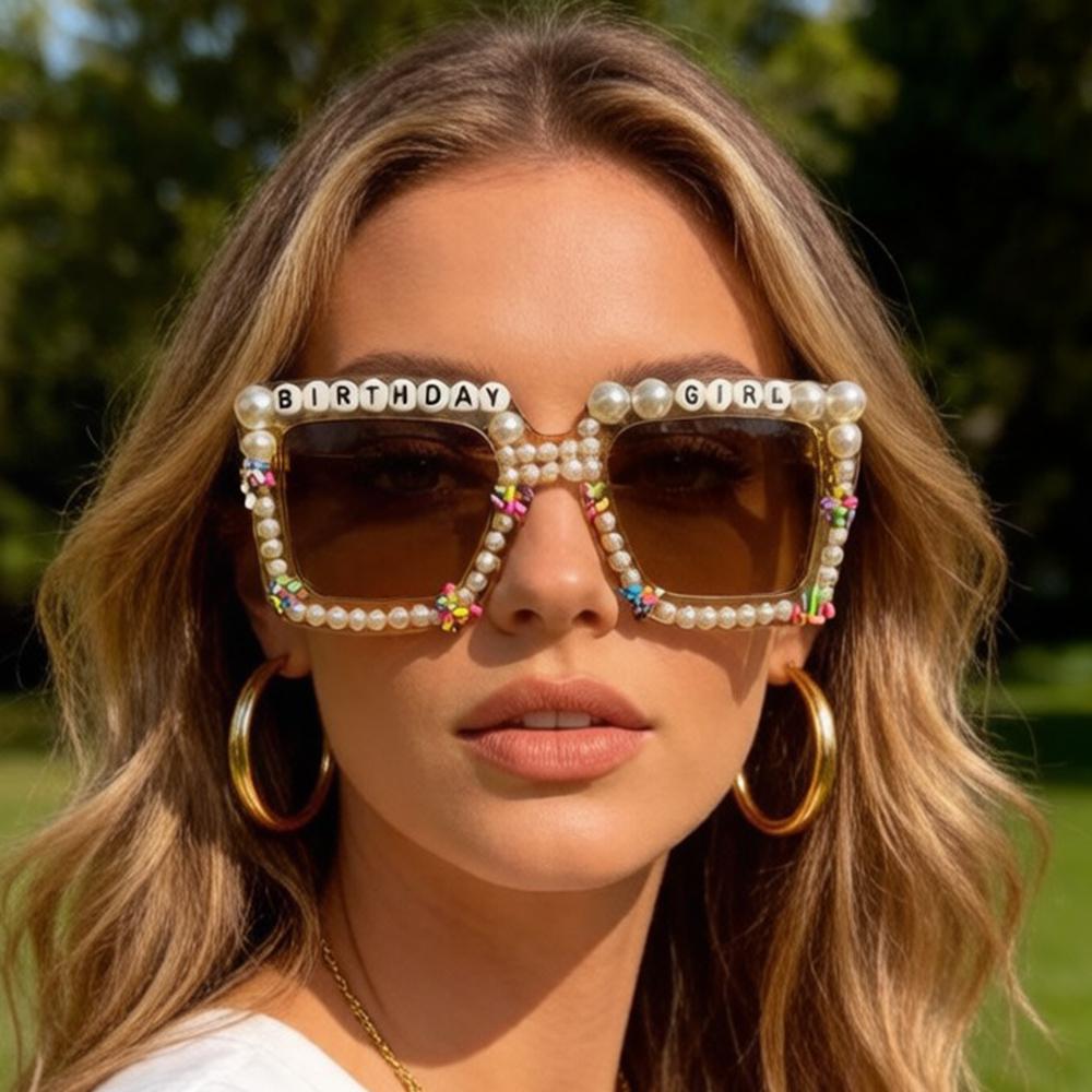 2026 Birthday Girl Square Sunglasses For Women Pearl Sprinkle Decor UV400 Protection Birthday Party Shades KJ199