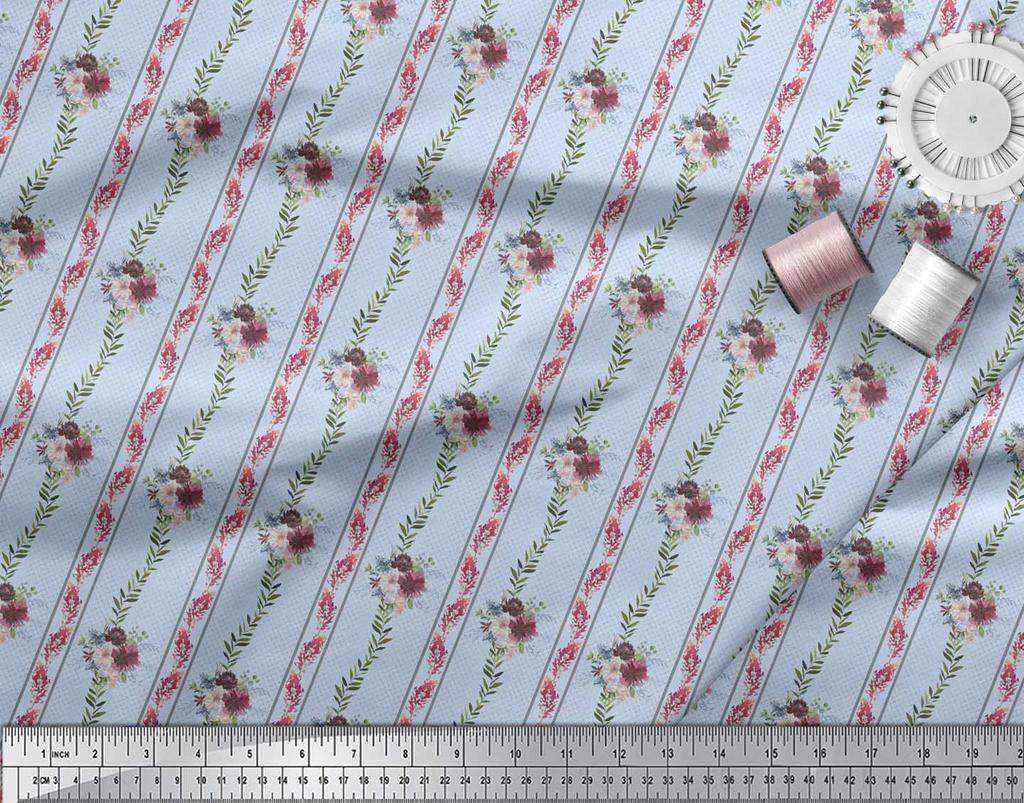 Soimoi Синяя поли креповая ткань с принтом листьев пепла и хризантемы, метр 42 дюйма