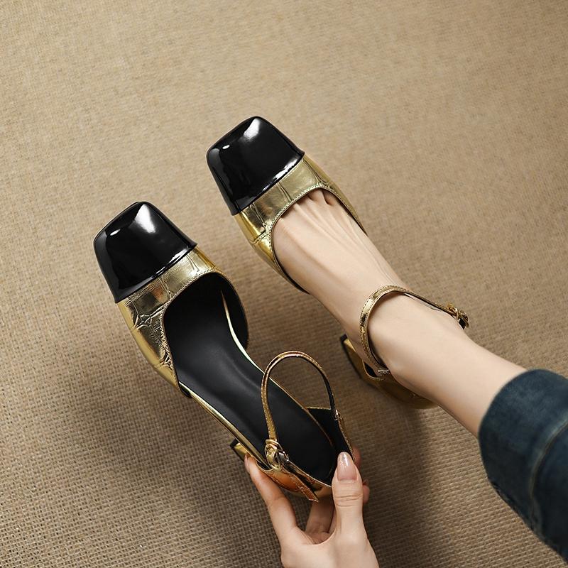 Модные женские новые весенне-летние цветные кожаные туфли с квадратным носком на высоком каблуке, сандалии с крупной эластичной пряжкой на ремне
