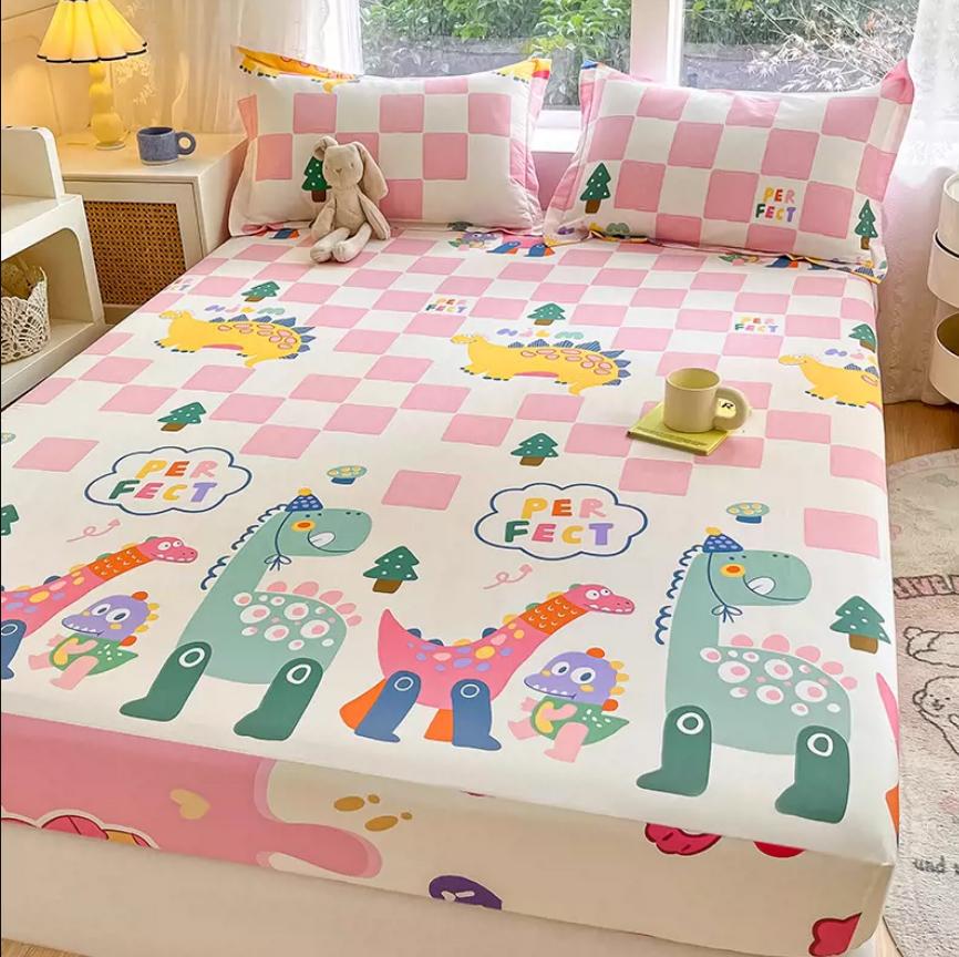 Cartoon Space Animal Printed Fitted Sheet with Elastic Band + 2pcs Pillowcases 100% Cotton Mattress Protector For Kids 16 Sizes