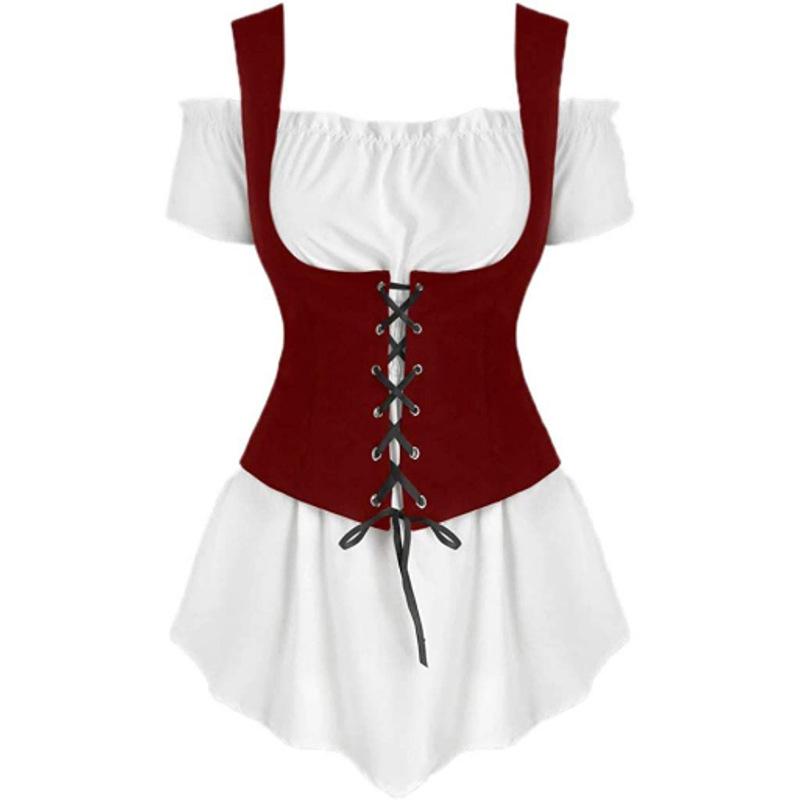 2025 Fashion Literature Retro Steampunk Boat Neck Shirt Lace-Up Vest Punk Style Two-Piece Set for Women