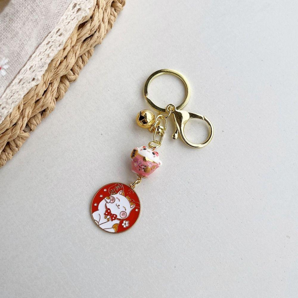 Small Bell Maneki Neko Pendant Japanese Style Car Keyring Cute Ceramic Cat Keychain Children Gifts