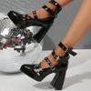 Fashion New Vintage Pointed Toe Shallow Rivet Belt Buckle Platform Mary Jane Single Plus Size Block Heel Ultra Pump
