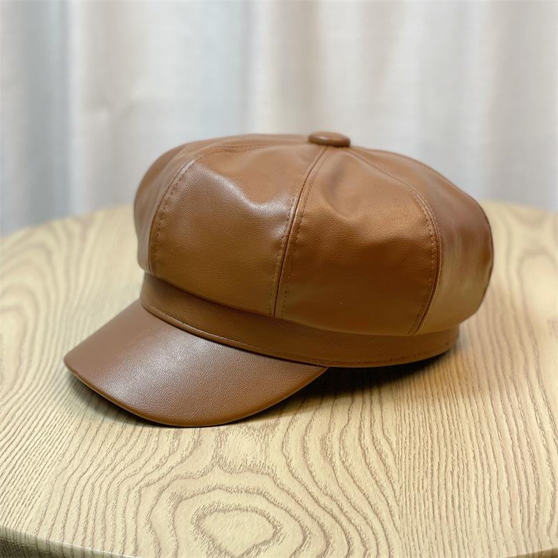 Осень и Зима Женская Восьмиугольная Шляпа с Большой Головой Кожаная Шляпа Художника Корейская Версия ПУ Большая Кепка с Козырьком Британский Универсальный Берет Мужская Зимняя