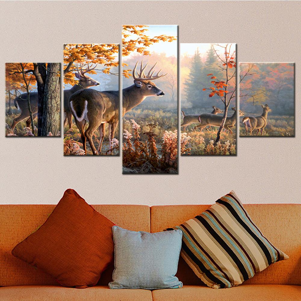 Deers in Woods Canvas Wall Art Pictures Modular Painting Canvas for Living Room Decoration Salon Modern Home Decor