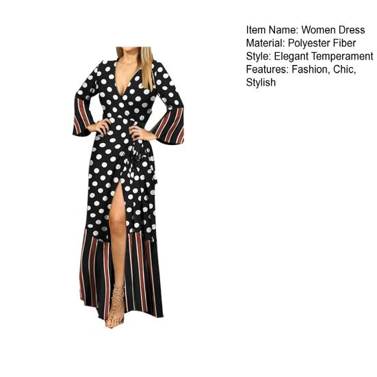 Women's Summer Wrap Maxi Dress Long Sleeve Deep V-Neck Dot Printed Lace Up Dress Split Flowy Beach Long Dress